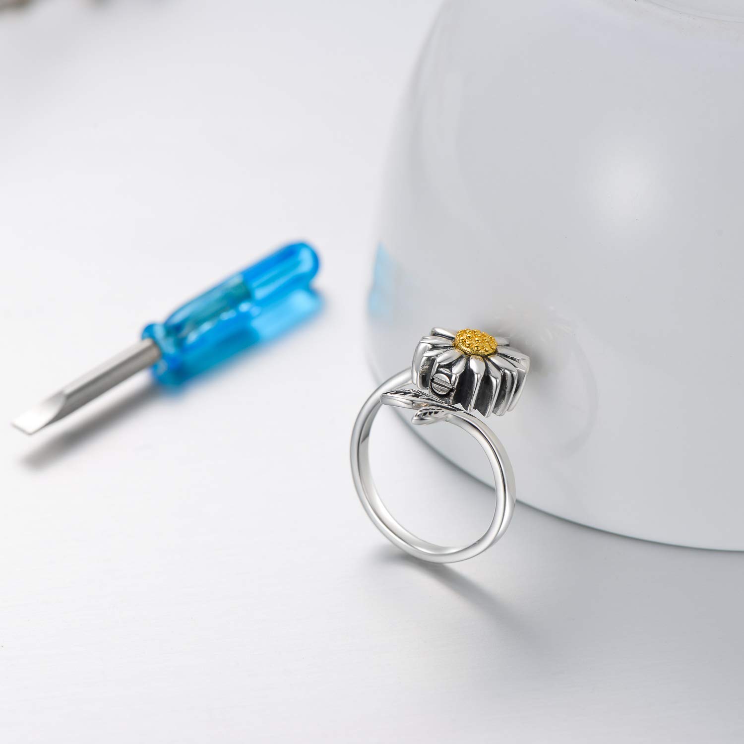 LONAGO Anillo de plata de ley 925 con diseño de girasol, diseño de margaritas de girasol, anillo abierto ajustable para mujer