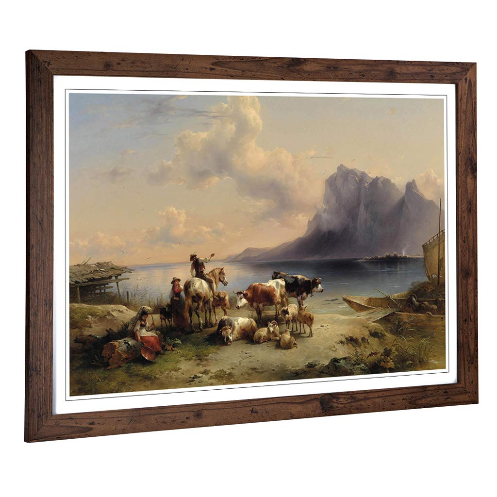Big Box Art Framed Print of Friedrich Gauermann Animals and Landscape 2 Design | Wall Art Picture | Home Decor for Kitchen, Living Room, Bedroom, Hallway, Walnut, A2 / 24.5x18 Inch / 62x45cm