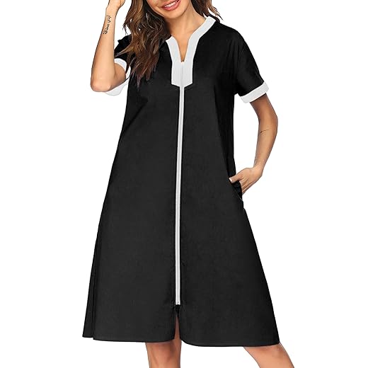 Ekouaer Nightgown Women Housecoats Zipper Front Robe-Ladies V-Neck Lightweight Duster & Long Houedress with Two Pockets