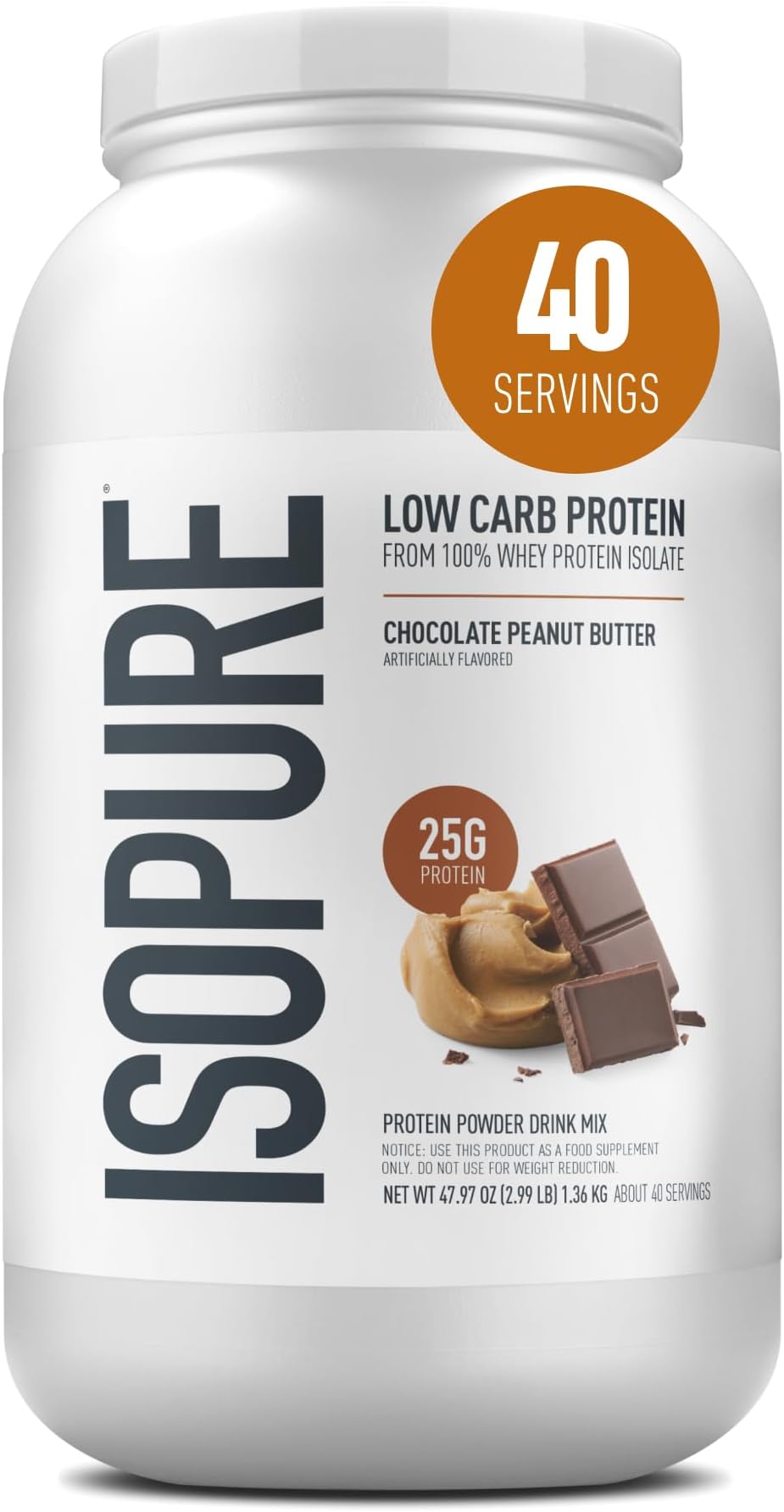 Low Carb 100% Pure Whey Isolate Protein Powder, Gluten Free, With Vitamins, Chocolate Peanut Butter, 25g Protein Per Serving, 3 Lbs, 40 Servings (Packaging May Vary)