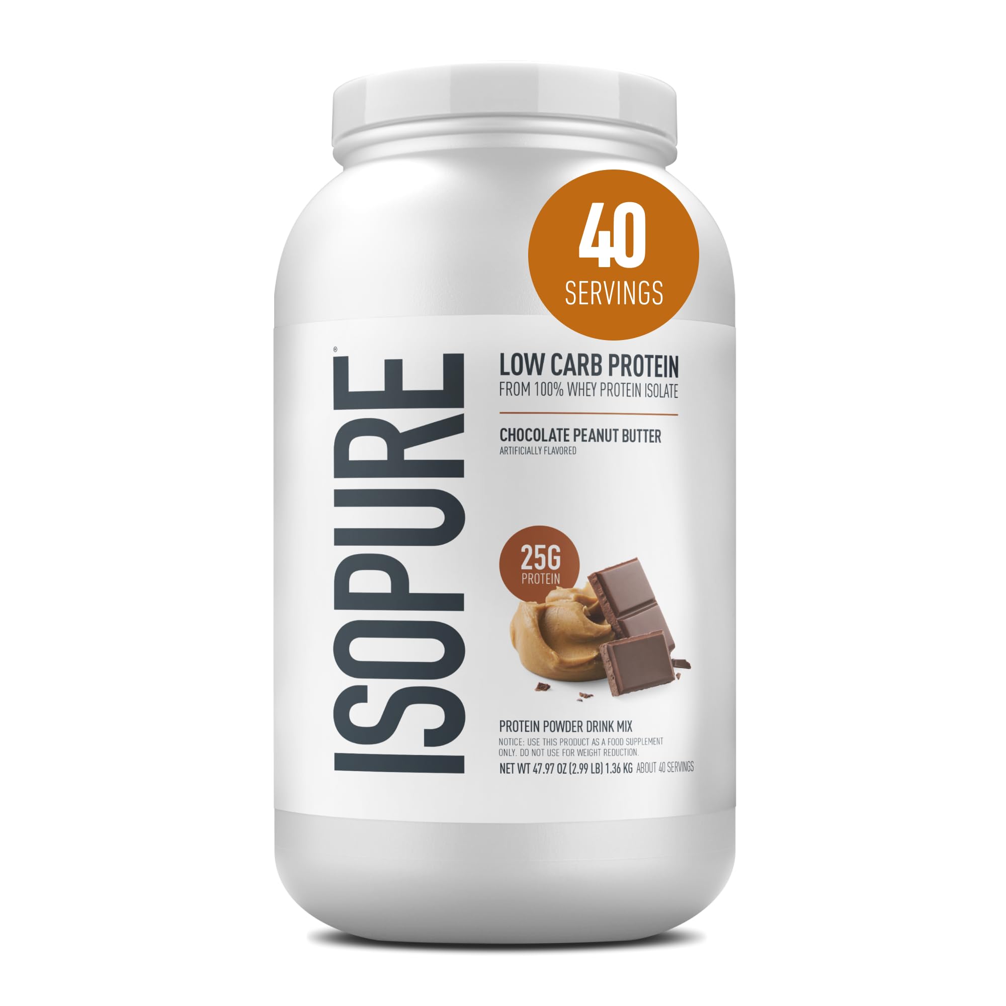Isopure Low Carb 100% Pure Whey Isolate Protein Powder, Gluten Free, With Vitamins, Chocolate Peanut Butter, 25g Protein Per Serving, 3 Lbs, 40 Servings (Packaging May Vary) | 25g Protein Per Serving, 100% Whey Protein Isolate, Gluten Free, with Added Vitamins for Immune Support & Muscle Recovery Chocolate Peanut Butter 3 Pound (Pack of 1)