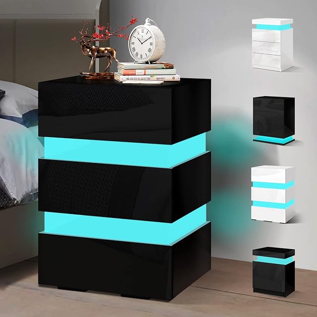ELFORDSON High Gloss Bedside Table with 3 Drawers LED Bedside Cabinet with 16 Colours, Side Cabinet Nightstand Bedroom Living Room Furniture Black