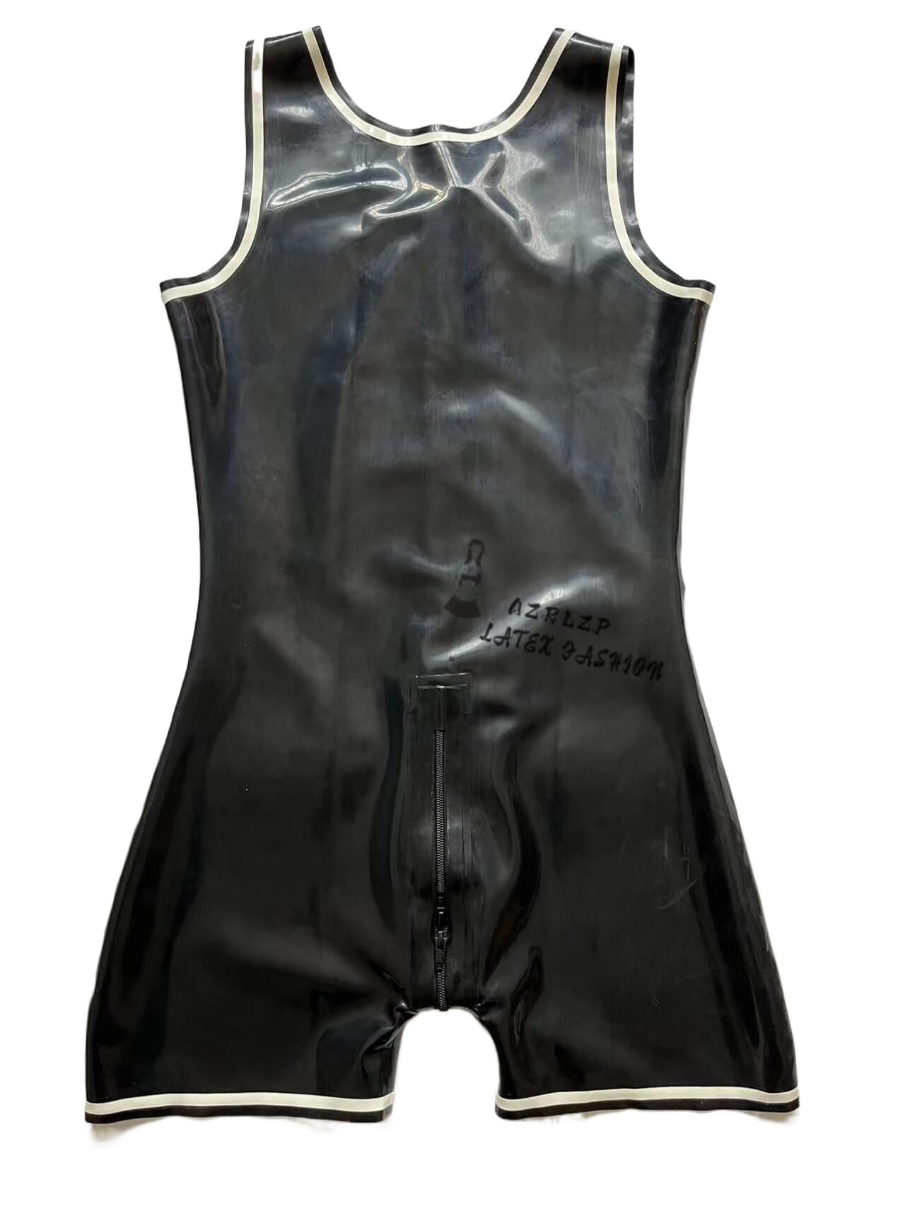 Body da uomo sexy in lattice di gomma senza maniche, stile canotta, con cerniera sul cavallo