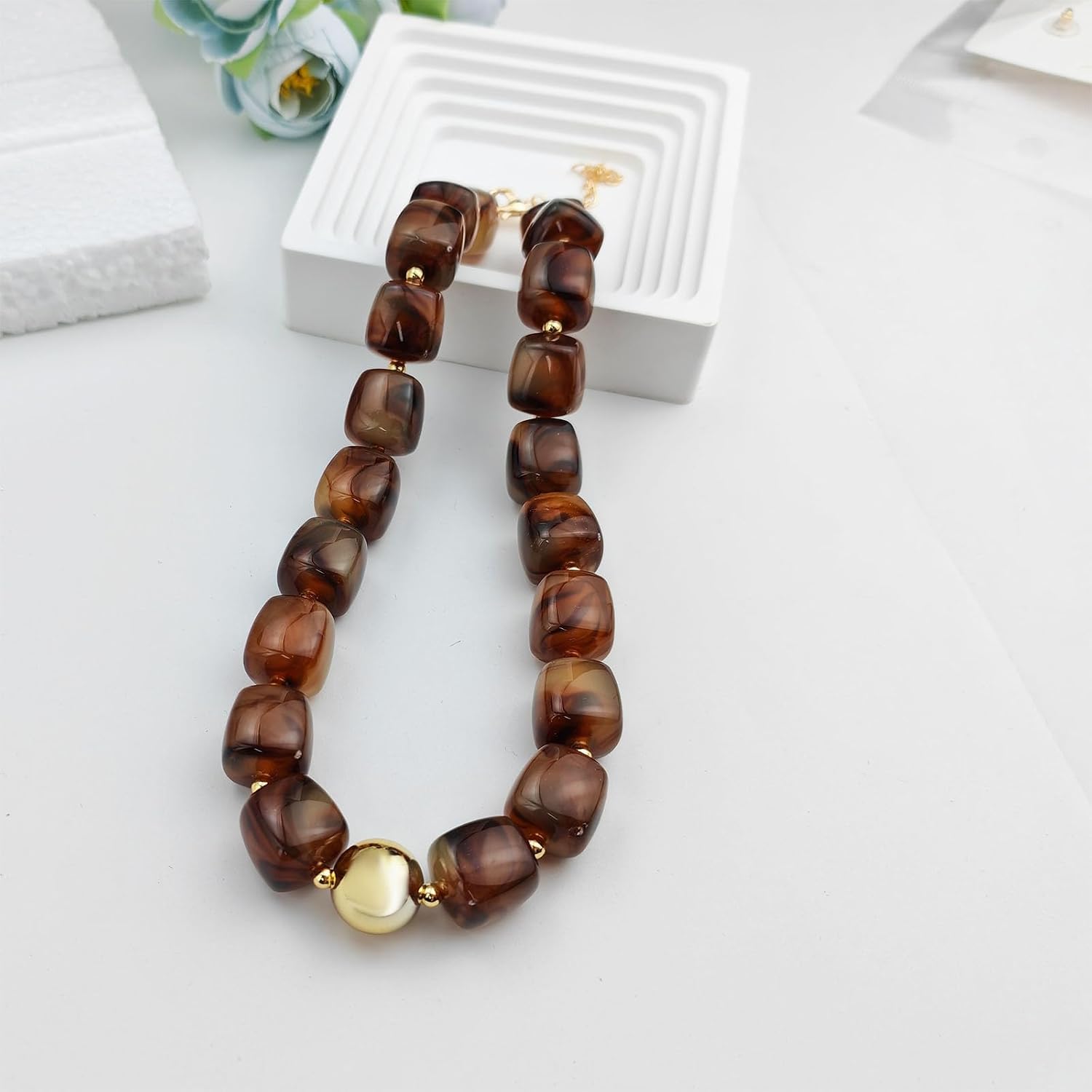 YBMYCM Chunky Colorful Beaded Necklace for Women, Summer Trendy Multicolor Large Square Acrylic Necklace Boho Statement Choker Jewelry Accessories for Vacation Holiday