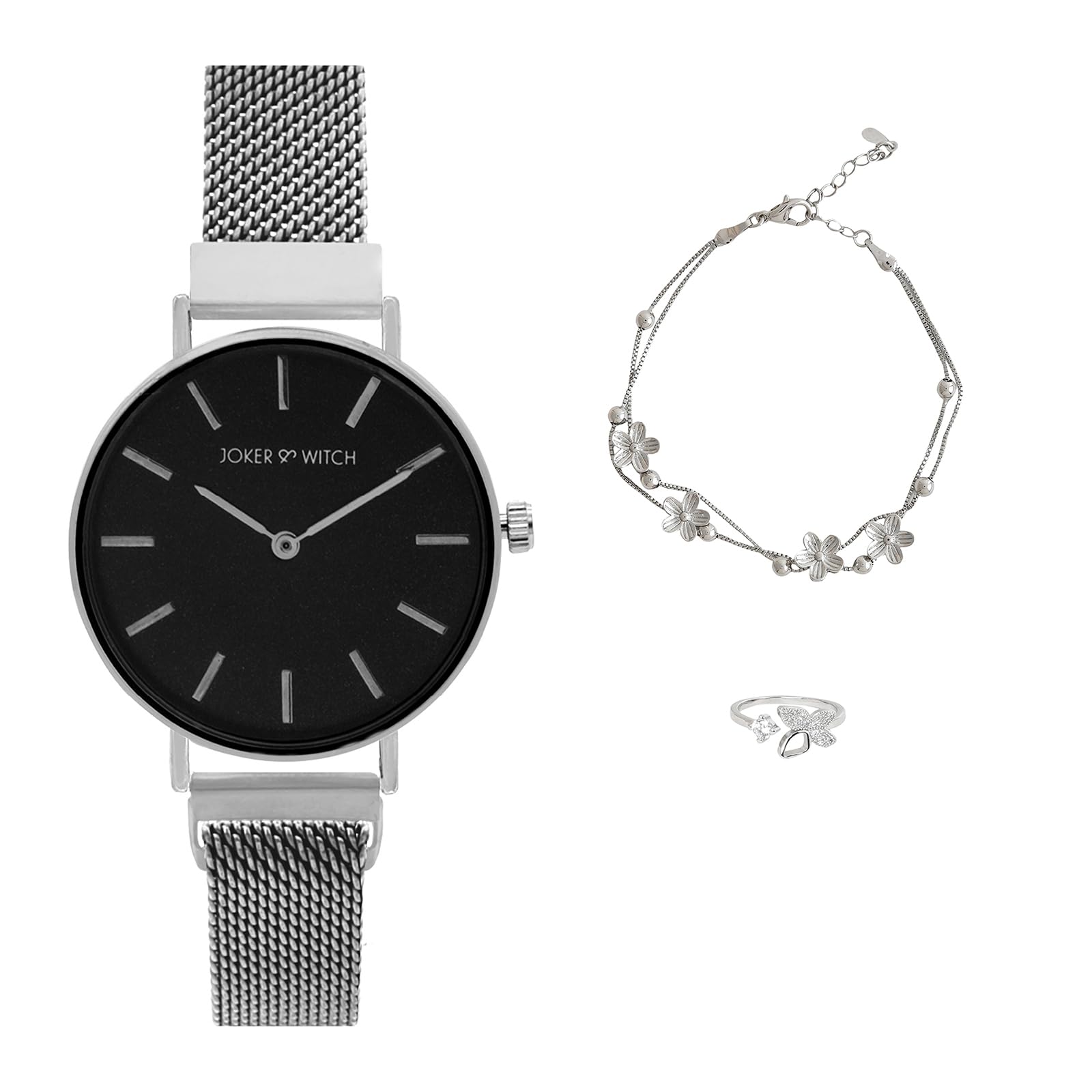 Joker & Witch Stainless Steel Sirius Star Love Triangle Women Analogue Watch Gift Sets, Black Dial, Silver Band (B0CC4VJ47Q) Amazon Price History, Amazon Price Tracker