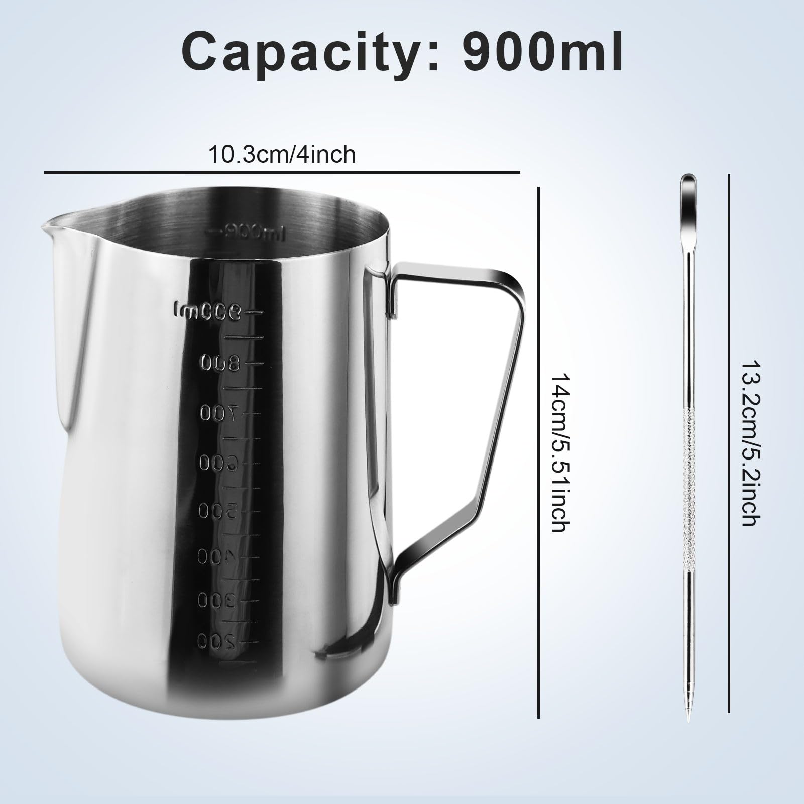Pichet à Lait Inox 900 Ml Pour Art Latte - Gradué, Avec Pochoir Et Aiguille à Dessiner, Pour Machine à Café - 11