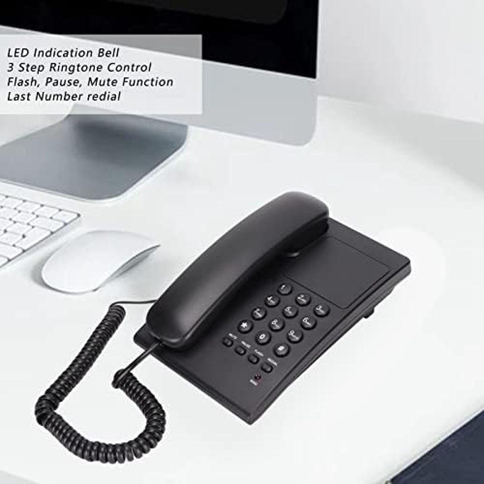 Telefono fisso domestico, telefono cablato da parete per lavoro, con campanello di indicazione LED, silenzioso, vivavoce, quadrante rapido, telefono da tavolo per ufficio hotel