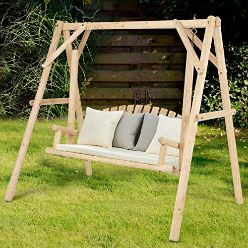 Image of Tangkula A-Frame Wood Log Swing Bench, Outdoor Rustic Curved Back Swing Chair for Patio Garden Yard