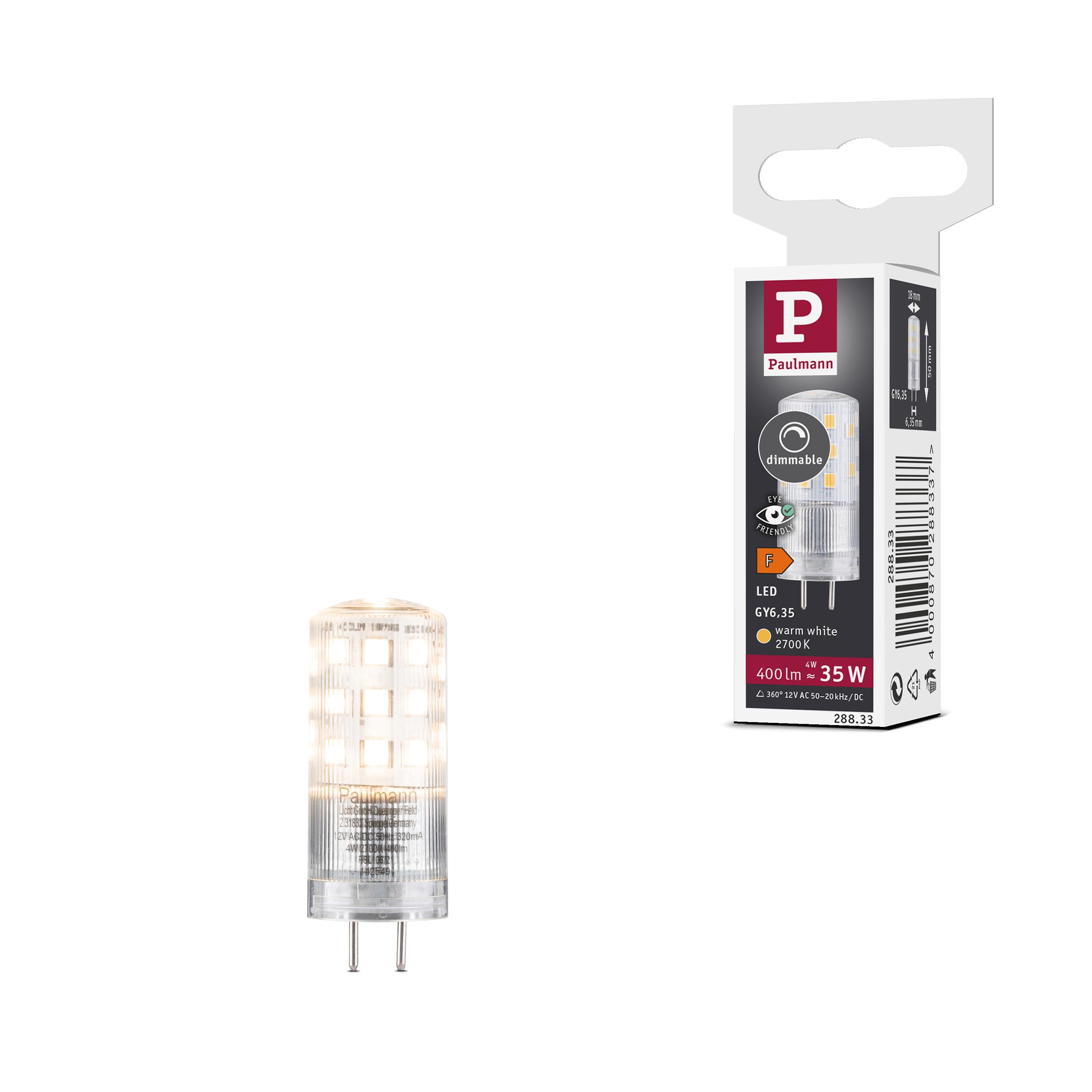 Paulmann 28833 LED lamp pin Base 400lm 4 Watt dimmable Lighting Bulbs Plastic 2700 K GY6.35