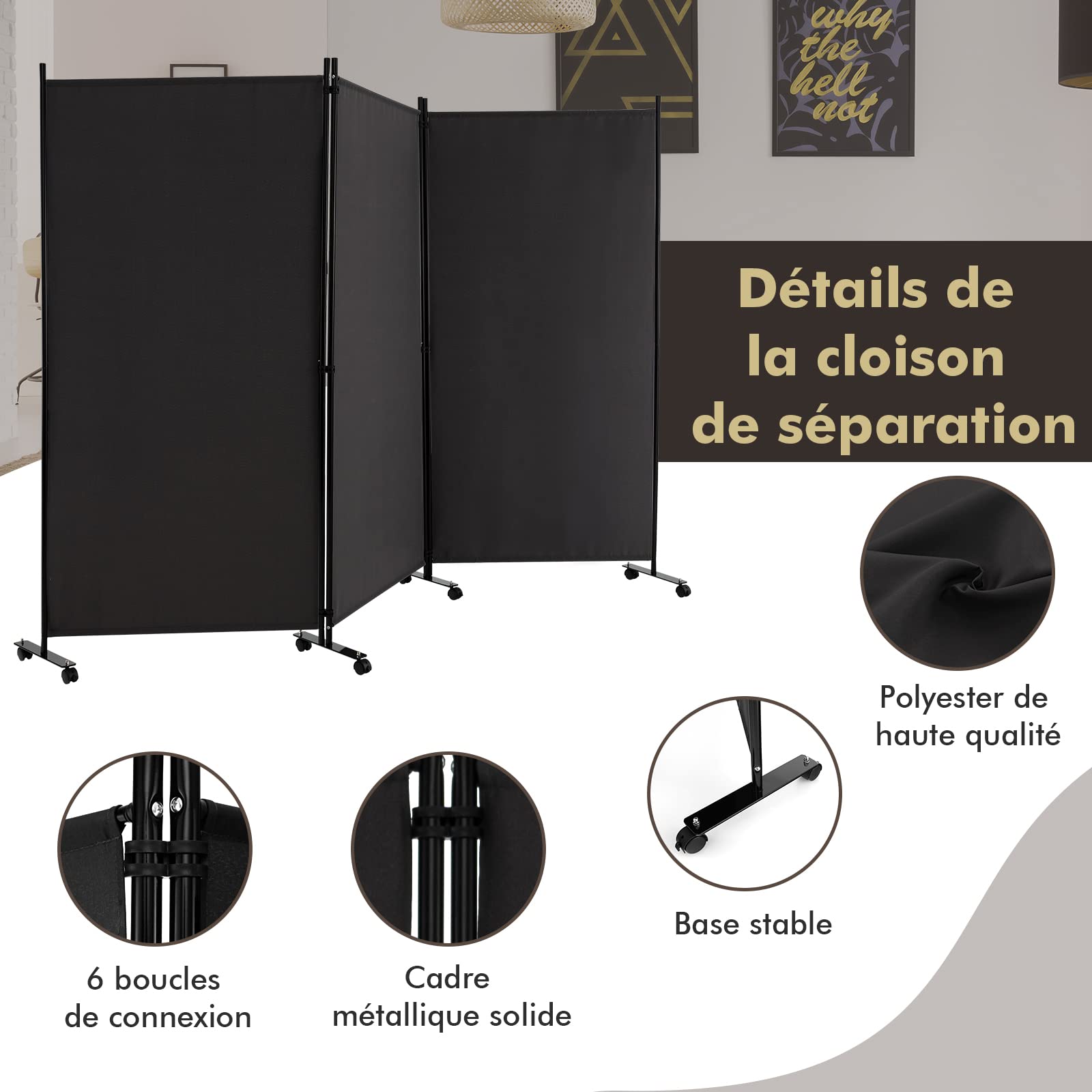 COSTWAY 262x180cm Paravent Intérieur 3 Panneaux à 8 roulettes, Cloison de Separation Interieur Pliable, Cadre en Metal, Tissu Polyester, Separateur de Pieces pour Salon Bureau Balcon (Noir)