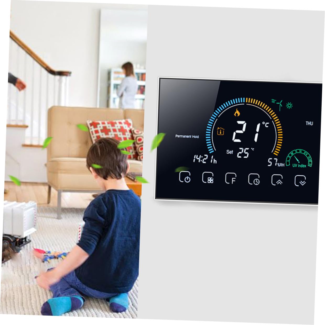 Intelligenter Raumthermostat 95-240v mit 5a Schwarz, Touchscreen | 4, 8 Zoll Lcd, 5-35℃ Einstellbereich, 86mm Kassette und 60mm Rundbox