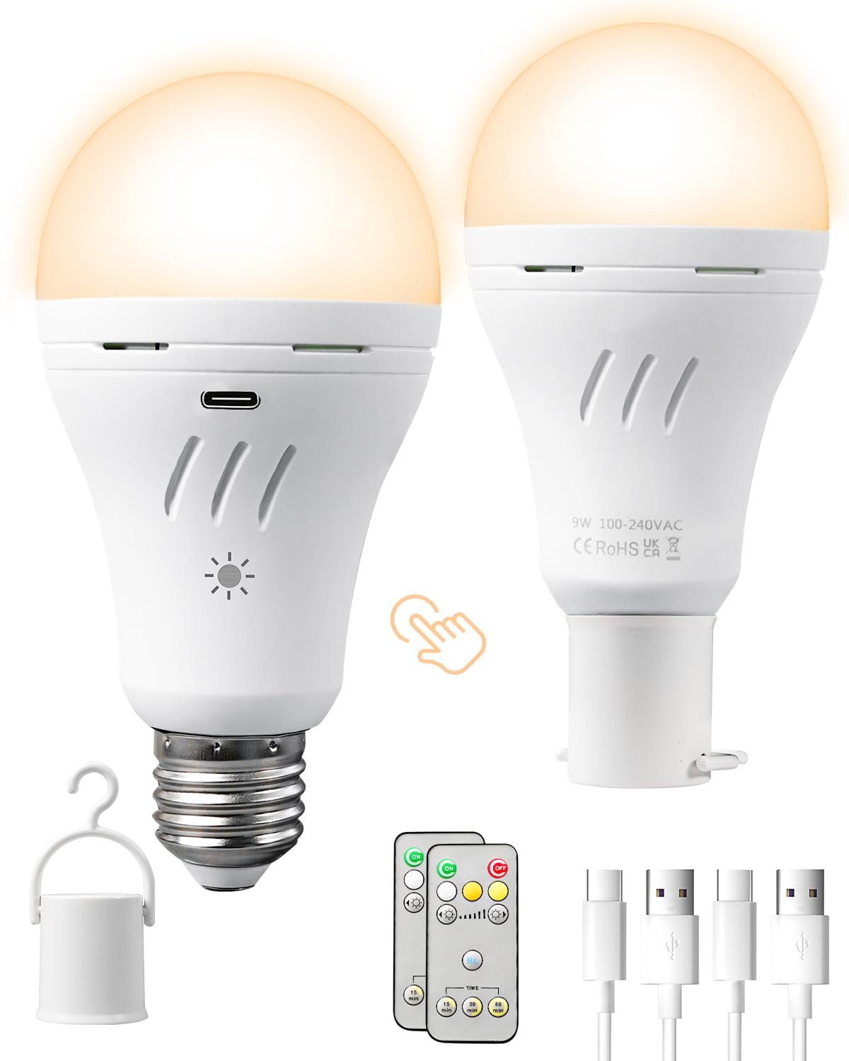 Dufuso Light Bulb with Battery and Remote Control, 7 W Touch Control E27 LED Dimmable Bulb, USB-C 2600 mAh Battery Lamp, 3 Brightness Levels, Wall Light, Pendant Lamp, Emergency Lights (3000/4000/6000