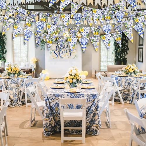 Image of 6PCS Amalfi Coast Party Decorations: Capri Lemon Garland Mediterranean Decor, Italian Themed Blue Tiles and Yellow Banner for Bridal Shower, Summer Birthday