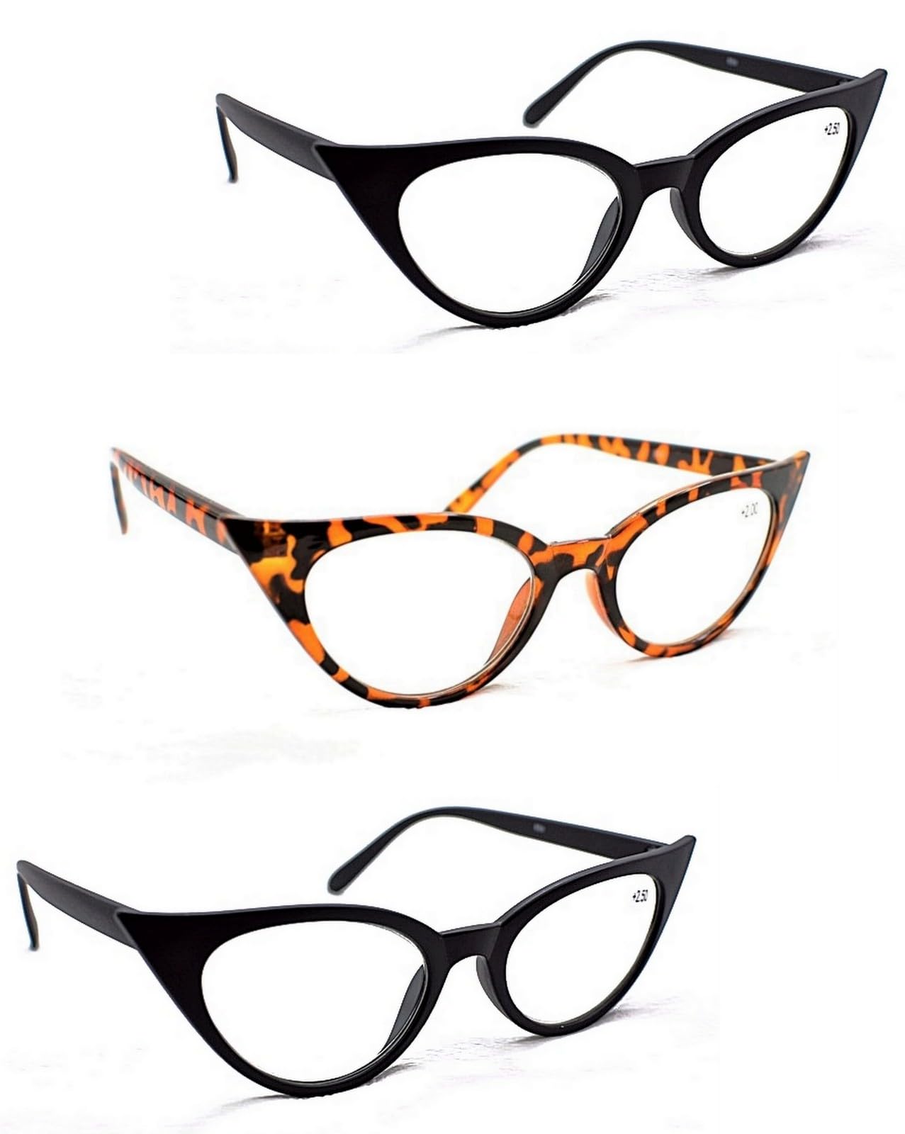 Fads & Fashions 3 PACK Cat Eye Reading Glasses Retro 1960s Metal Hinges MT57 (3 PACK - Matt Black & Tortoise, 3.0, x)