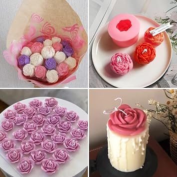 Silicone Molds Set Flower 3D Rose Flower Fondant Silicone Molds for Soap Candle Cake Flower Molds for Chocolate Candy Pastry Dessert 6 Pieces Pink