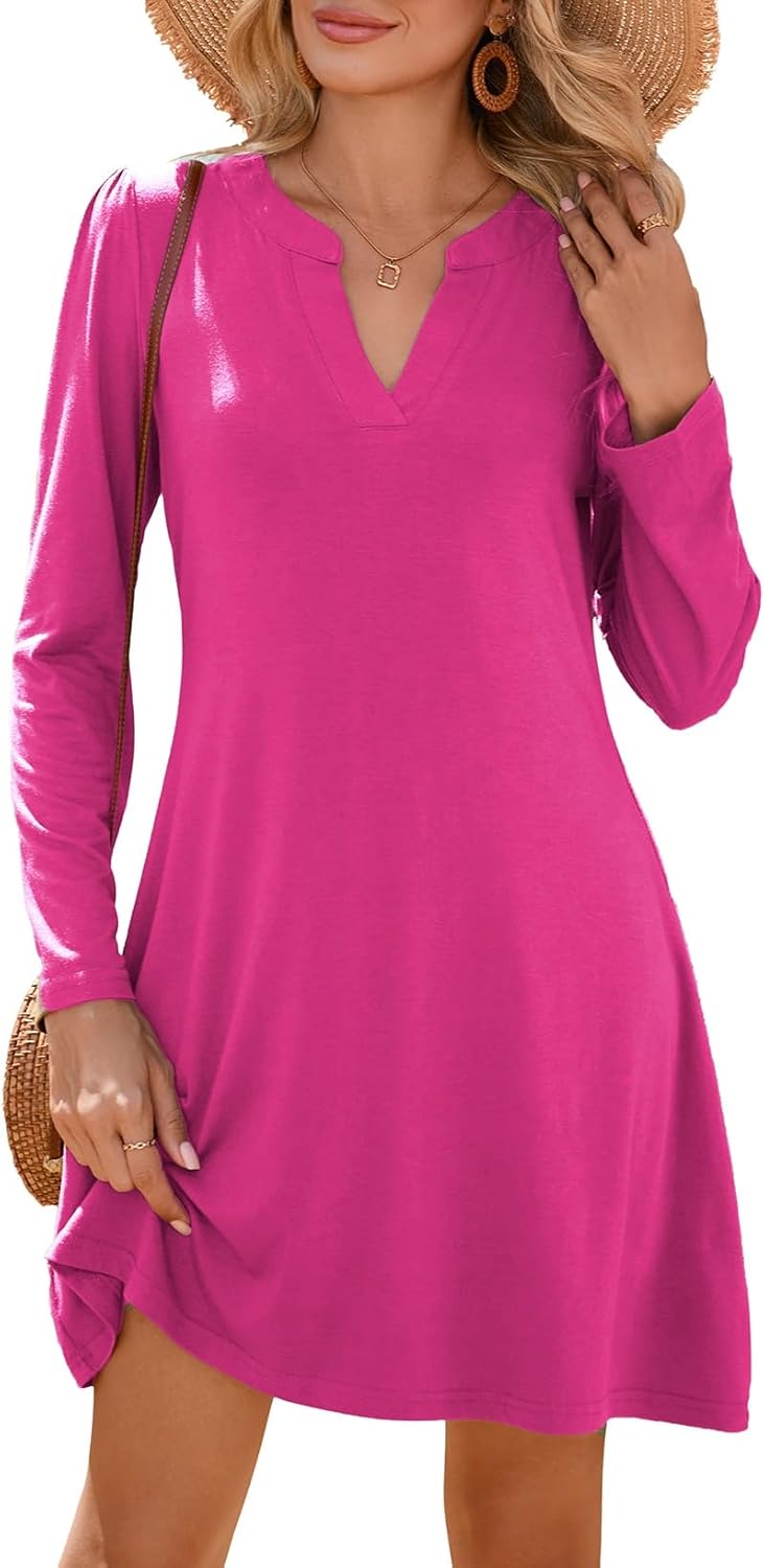 Dokotoo Fall Dresses for Women 2025 Casual V Neck Puff Long Sleeve Elegant Flowy Swing Mini Dress