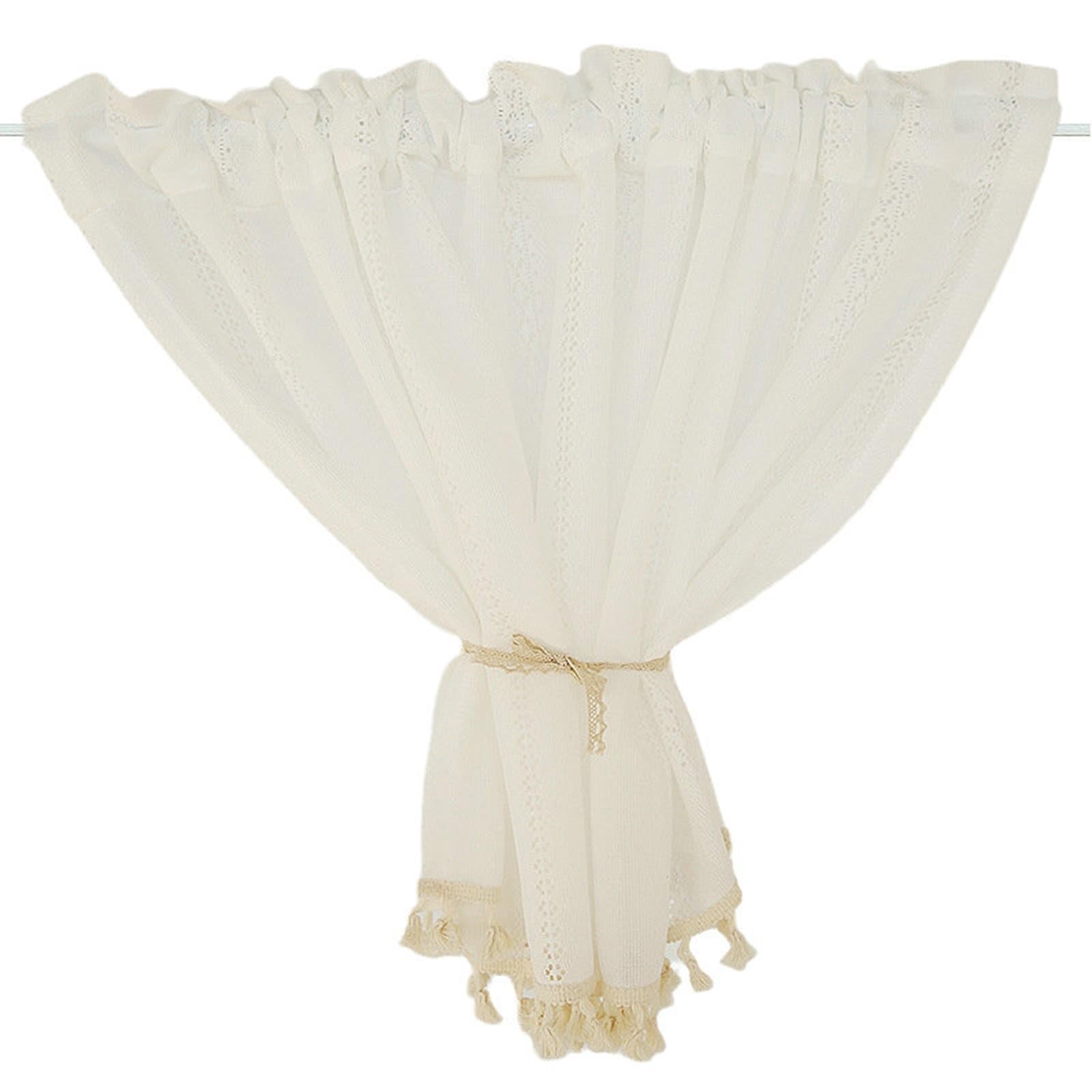 AMDXD Visillo de voile de 135 x 60 cm, visillo para ventana, encaje, patrón geométrico con borla, poliéster, 1 unidad, para baño, color blanco y beige