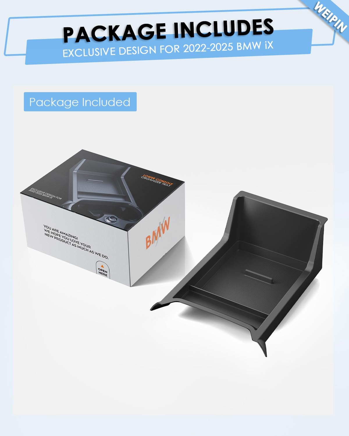 For BMW iX Lower Console Tray - Compatible with 2022-2026 BMW iX Center Console Organizer Tray [Car Food Tray] [2-Compartment][2026 Patented Design] with Anti-Slip Thick Liquid Silicone Mat - Black