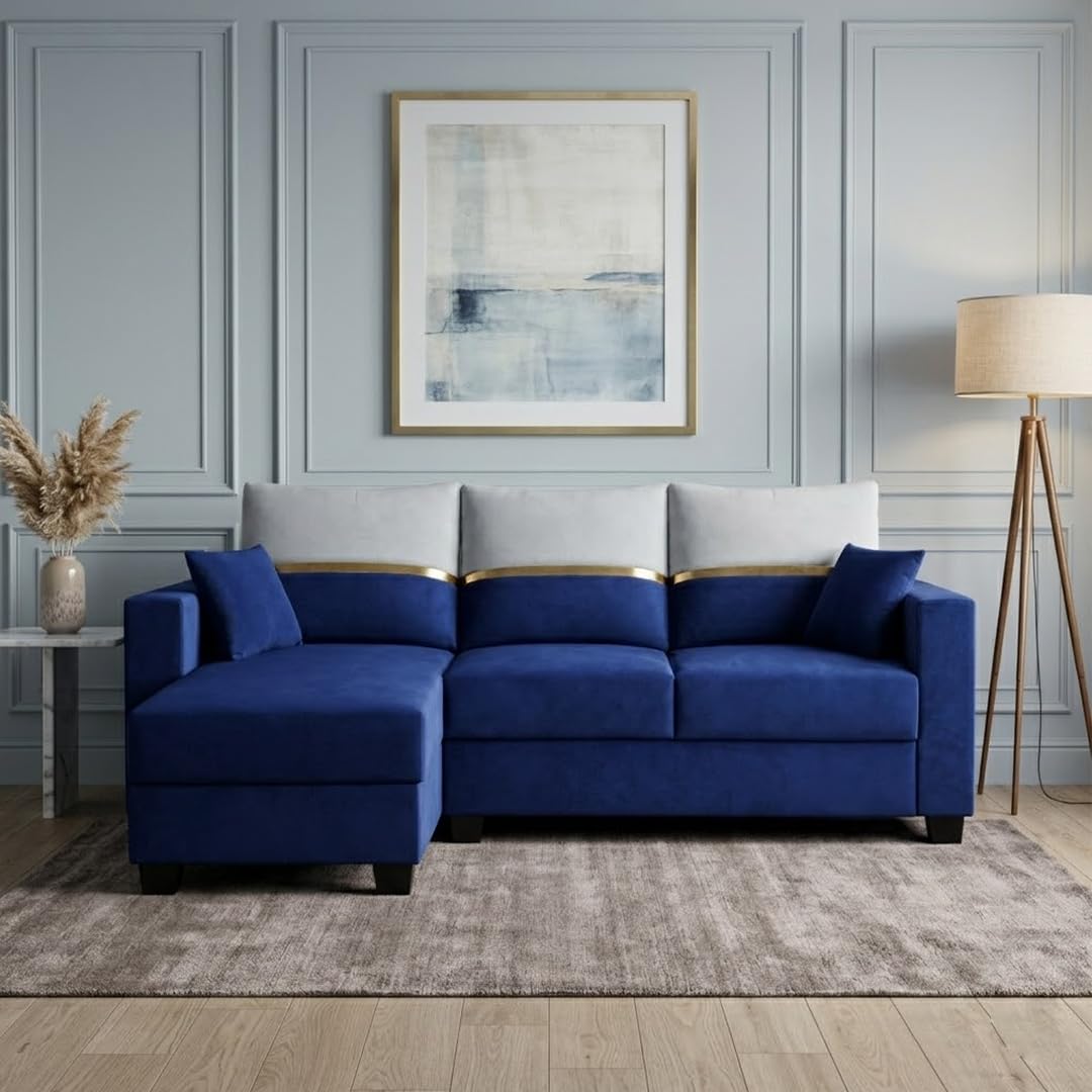 FURNY Arloy 4 Seater Fabric LHS L Shape Sofa Set (Blue) | Premium Velvet Finish | Ideal of Living Room-image-24
