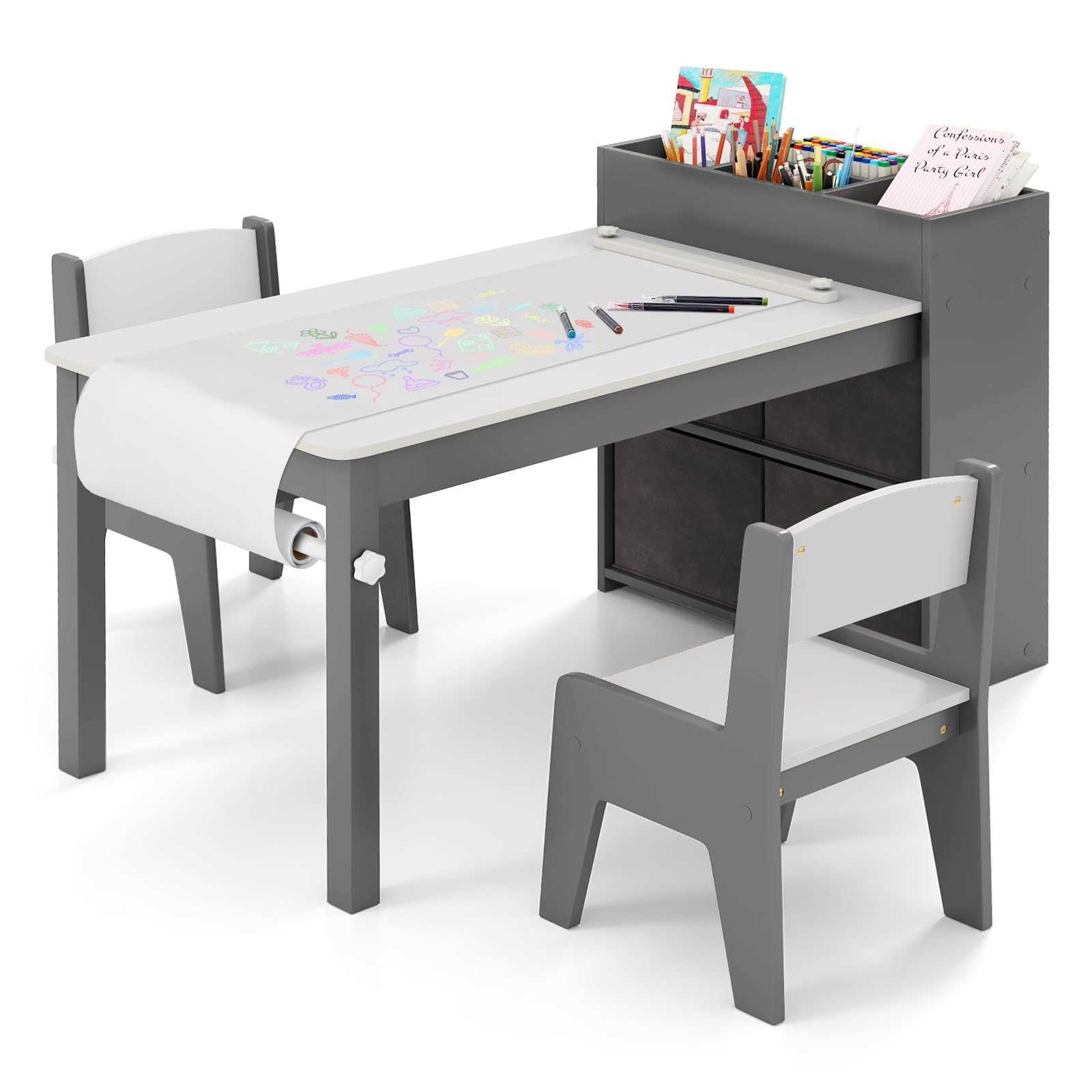 GOPLUS Bureau Enfant avec Rangement, Table de Dessin avec Rouleau de Papier, Support, Etagères et 4 Bacs en Tissu, Charge 60KG, Table Enfant avec Chaise pour 3+ Ans (Gris)