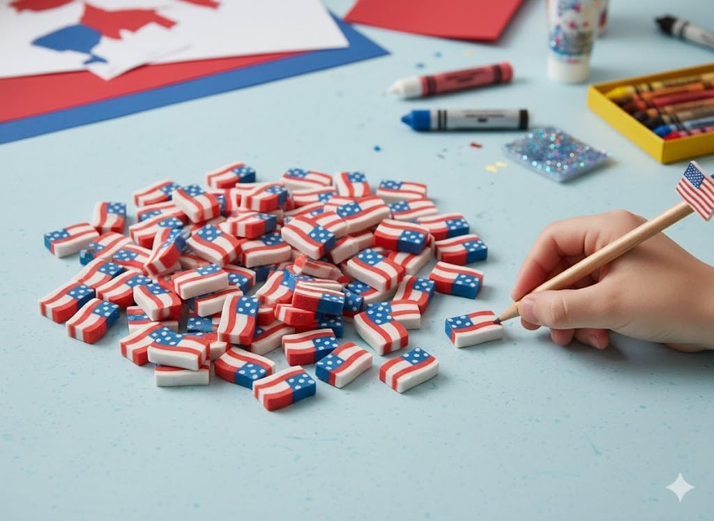 3/4" x 1/2" Bulk 144 Pieces Mini Patriotic USA Flag Rubber Erasers