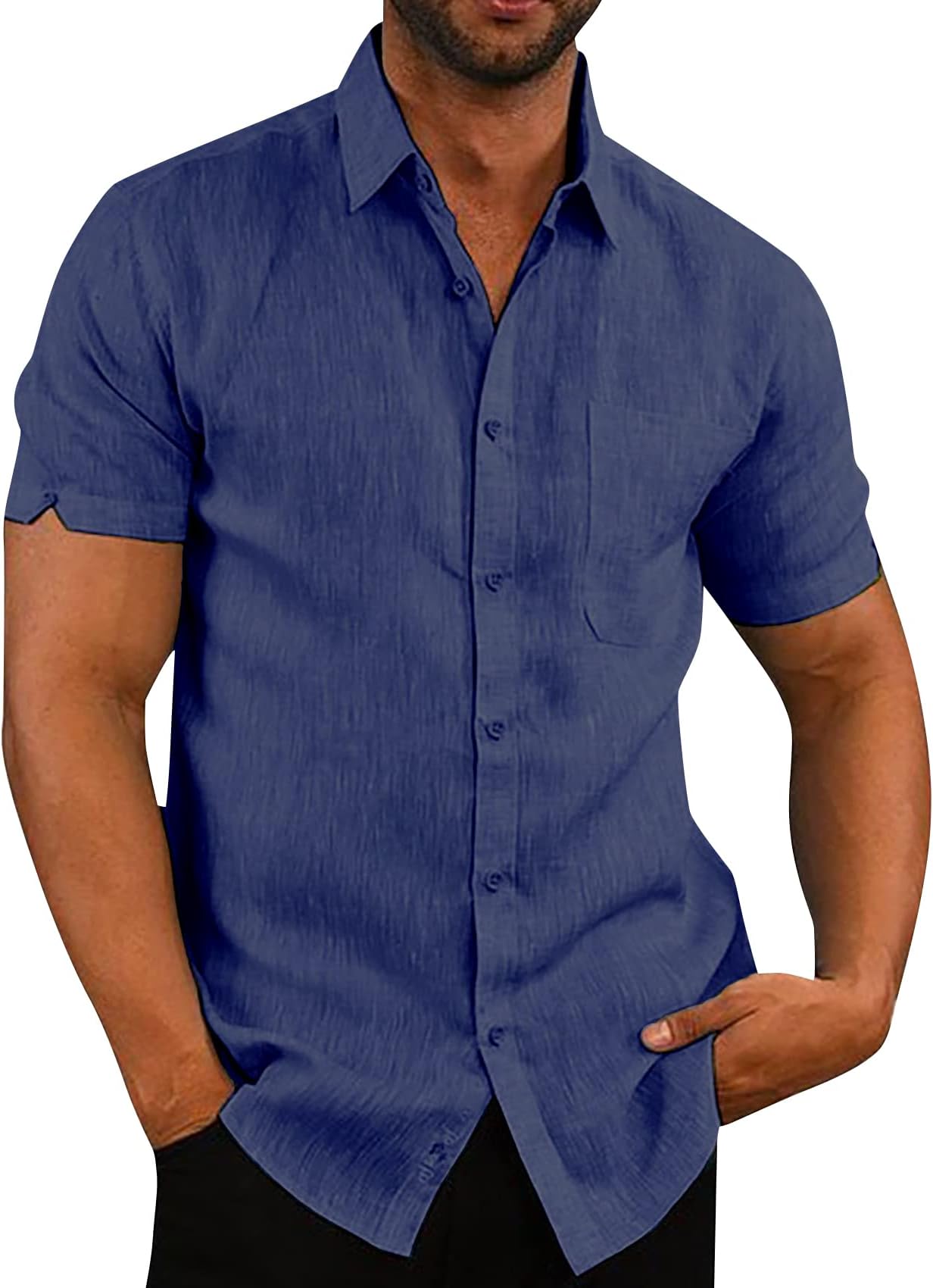 Mens Button Down Shirts Casual Short Sleeve Linen Tops Cotton Lightweight Fishing Tees Spread Collar Plain Shirt
