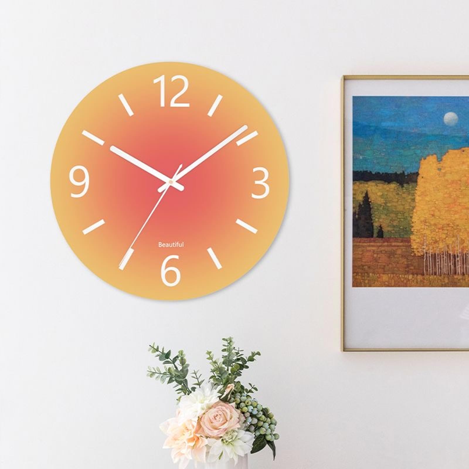 Grande horloge murale moderne en verre trempé, 35,6 cm, horloge décorative pour cuisine, bureau, salle de bain, salon, horloge ronde analogique à piles de style simple, orange