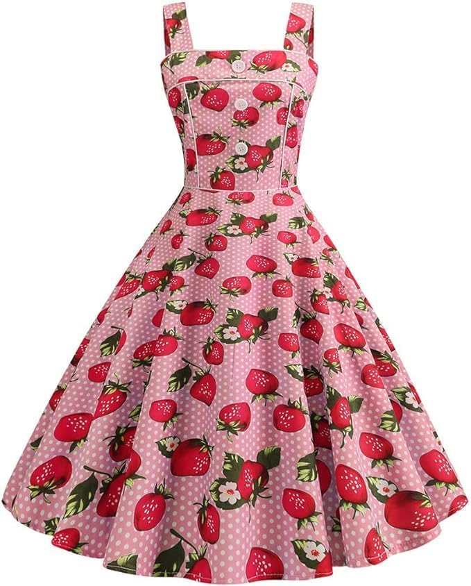 Lethez Women Cherries Strawberry Print Vintage Prom Dress Sleeveless 1950s Retro Evening Party Dress (M, Pink)
