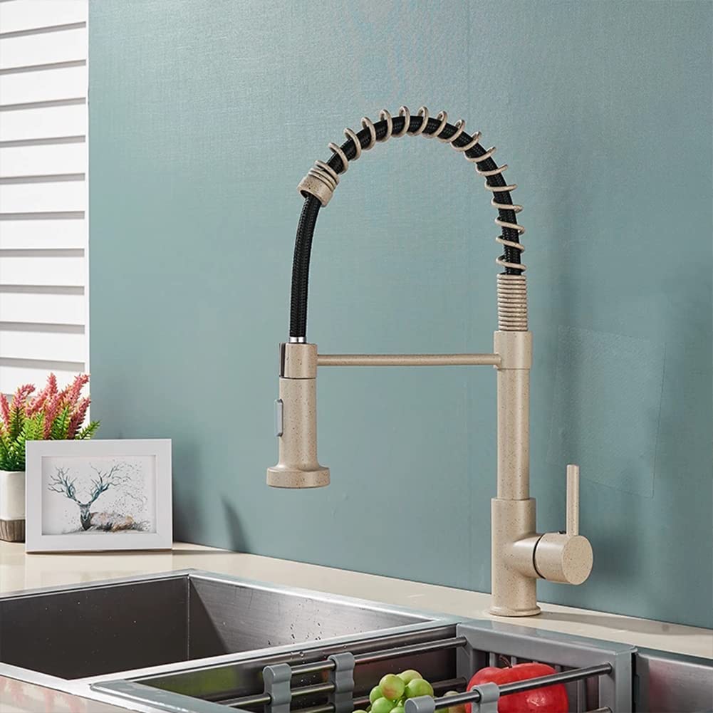 Robinet De Cuisine Mitigeur Cuisine Avec Douchette 2 Fonctions Robinet Évier Cuisine Avec Douchette Extractible, Rotatif À 360° Levier Unique Laiton Avec Ressort En Spirale Robinetterie Cuisine, Beige