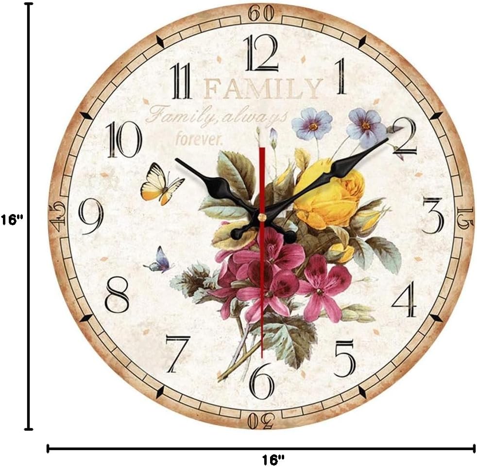 YeYo Flowers Wooden Wall Clock Fashion Silent Wall Clock Art Decorative for Home Living Room Bedroom Office Decoration (16inch)