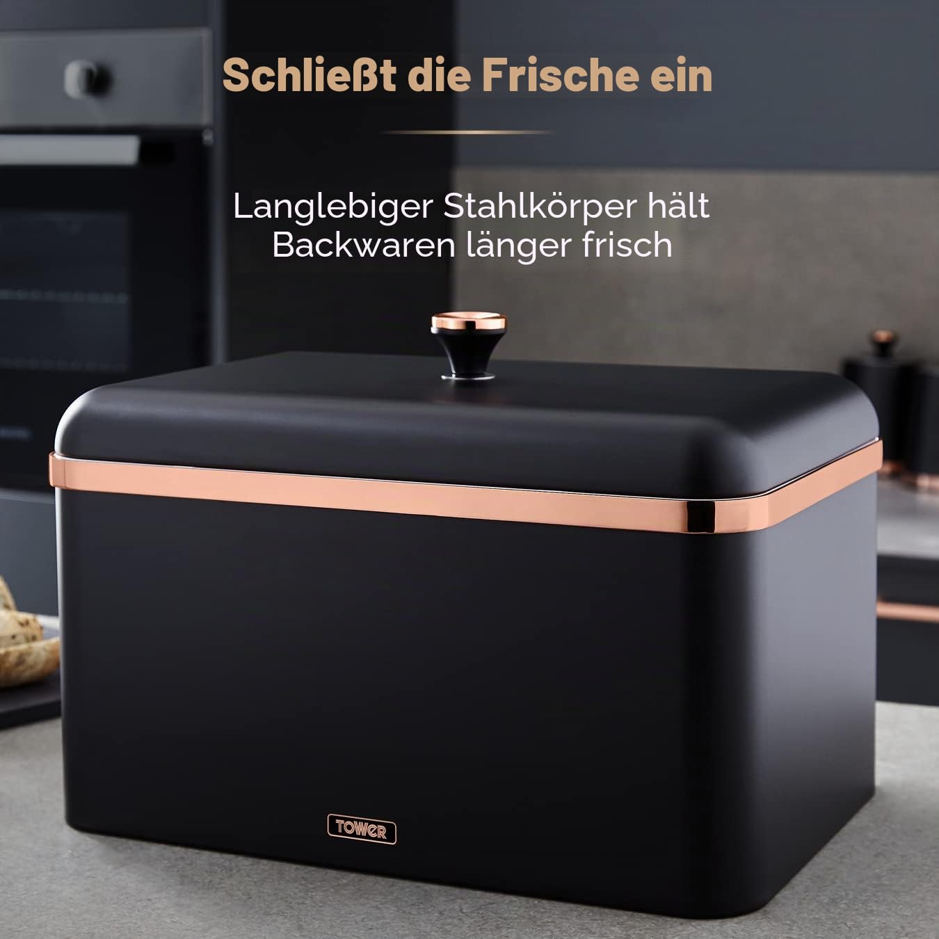 Tower T826130BLK Cavaletto Brotkasten-Aufbewahrung, Karbonstahl, Abnehmbarer Deckel, Schwarz und Rotgold, 23 x 35 x 24 cm