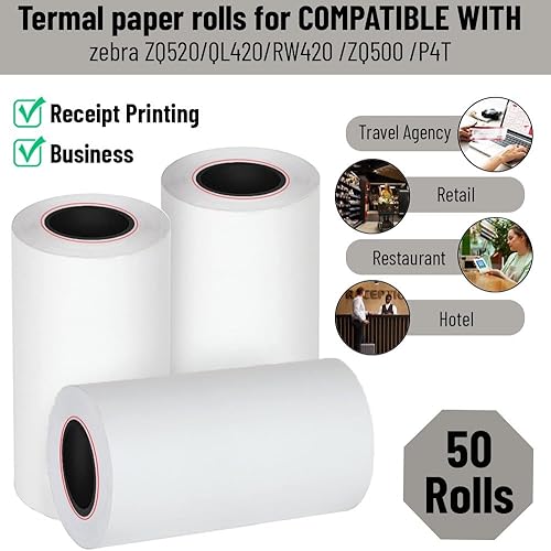 Miniatura 2 de Rollos de papel para impresora térmica compatibles con impresoras Zebra ZQ520, QL420, RW420, ZQ500, P4T, papel térmico de recibo de 80 pies, 50