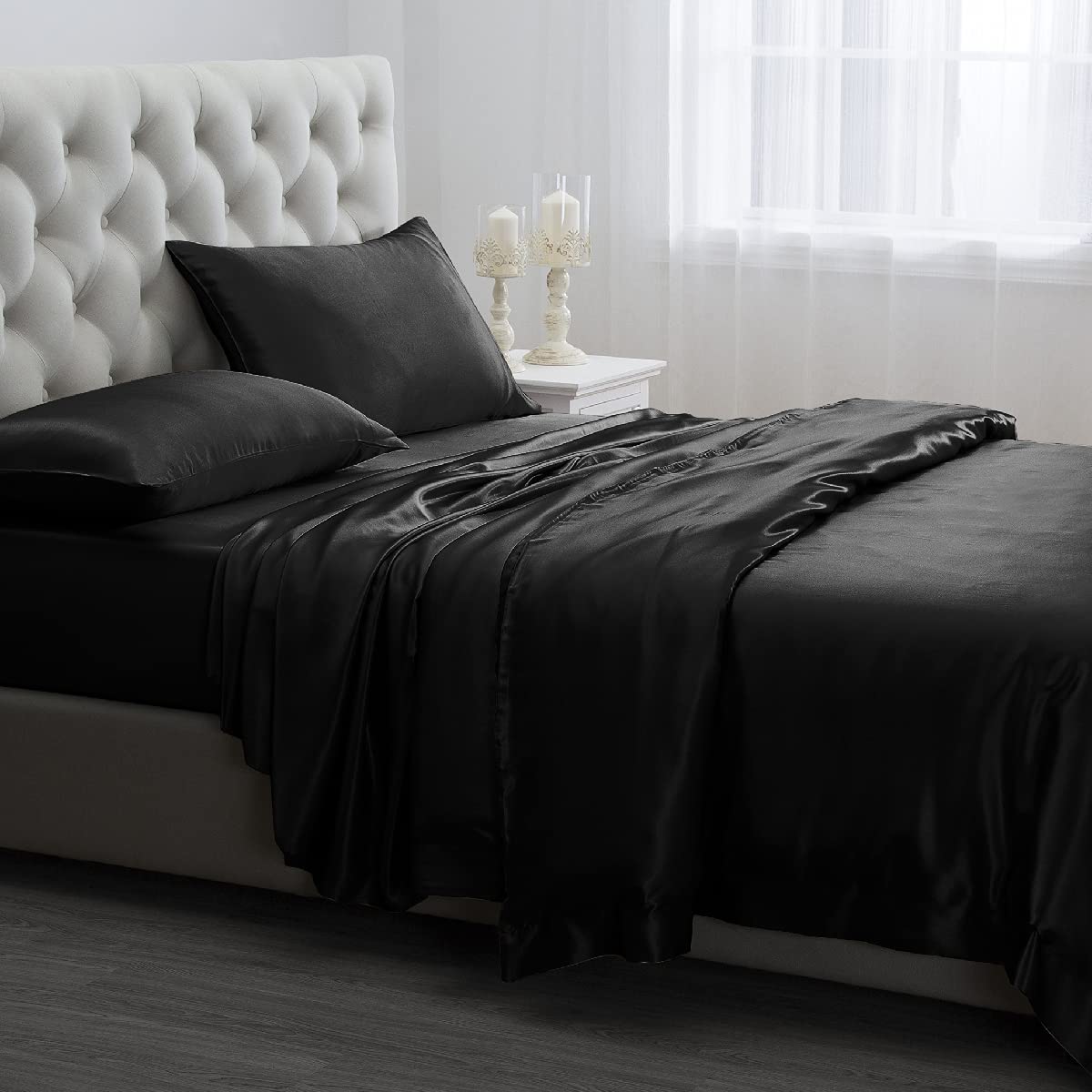 Orose 4pc 22 Momme Mulberry Silk Sheets Bed Set, Seamless, deep Pocket (King, Black)