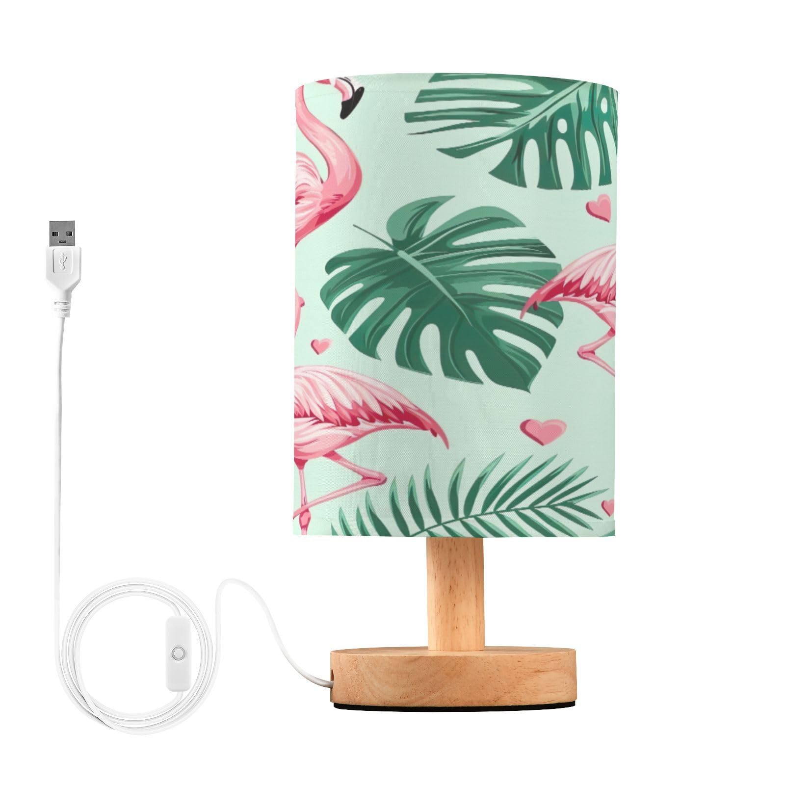SDMKA Pink Flamingo Pattern Bedside Table Lamp for Bedroom, Minimalist Nightstand Lamp with Round Fabric Shade for Living Room, Office, No Bulb Required