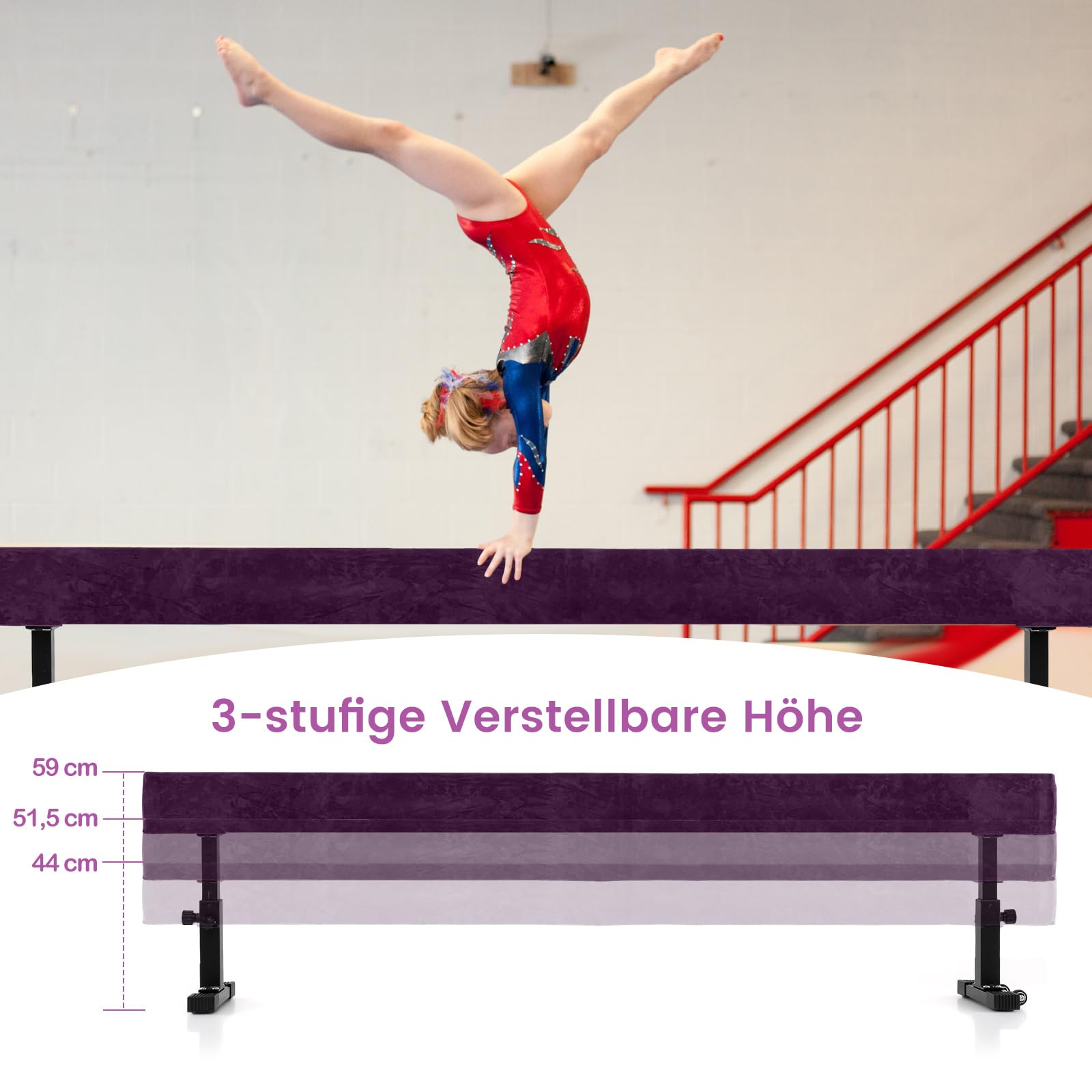 COSTWAY 226 cm Schwebebalken mit 3 Höhen verstellbar, Gymnastikbalken, Heimtrainingsgerät mit robusten Metallbeinen & Rädern, Balancierbalken für Anfänger und Profis (Lila)