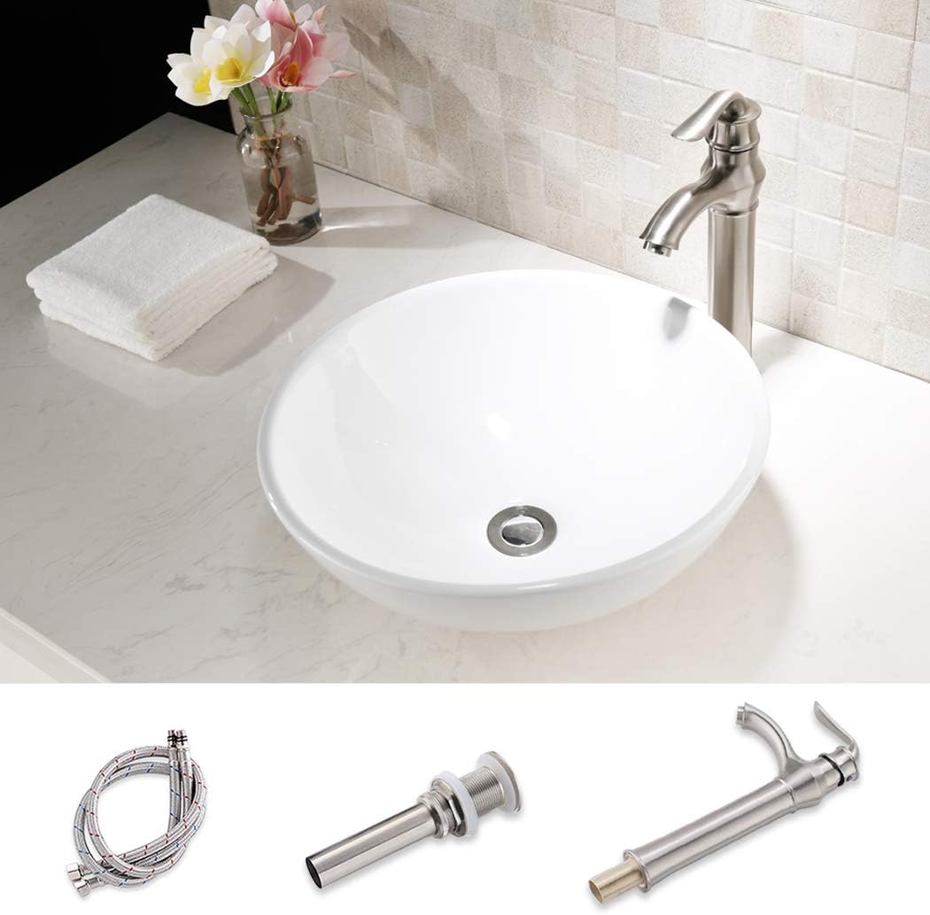 Black Friday 🔥 HLBLFY Round Bathroom Sink and Faucet Combo -Round Above Counter White Porcelain Ceramic Bathroom Vessel Sink Basin Washing Bowl Set, Brushed Nickel Single Lever Faucet Matching Pop Up Drain Combo