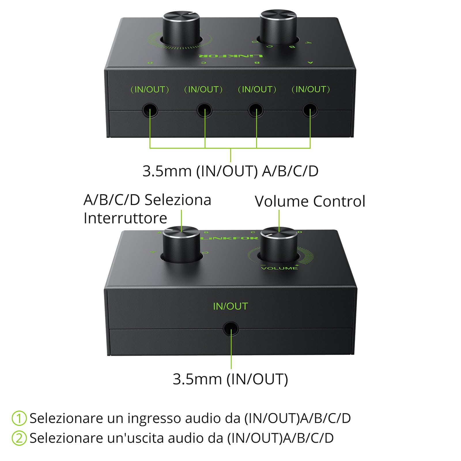 LiNKFOR 4 Vie Switcher Audio da 3,5 mm Regolabile Volume con 3.5 mm Cavo Audio 4(1)-in-1(4)-Out 3.5 mm Audio Switch per Altoparlante Passivo Cuffie Selettore Manuale Splitter Box Condivisione Audio