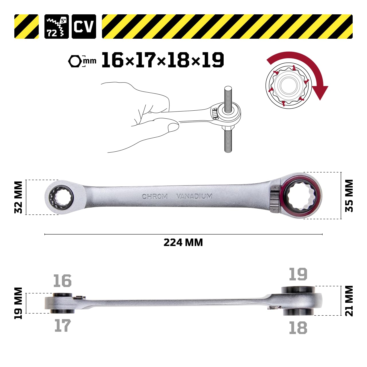 Ratschenschlüssel 4-in-1, Größen 16-19 Mm – Doppelseitig, Aus Chrom-Vanadium-Stahl, Für Auto & Fahrrad