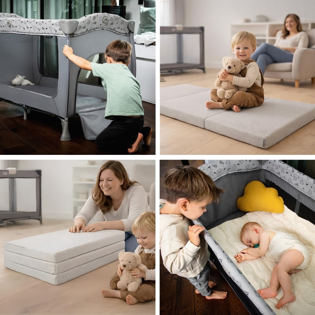 hauck Sleep n Play Center Baby Reisebett Set - Teddy Grey | inkl. Matratze & Insektenschutz | Kinderreisebett mit Neugeboreneneinhang, Wickelauflage & Tasche