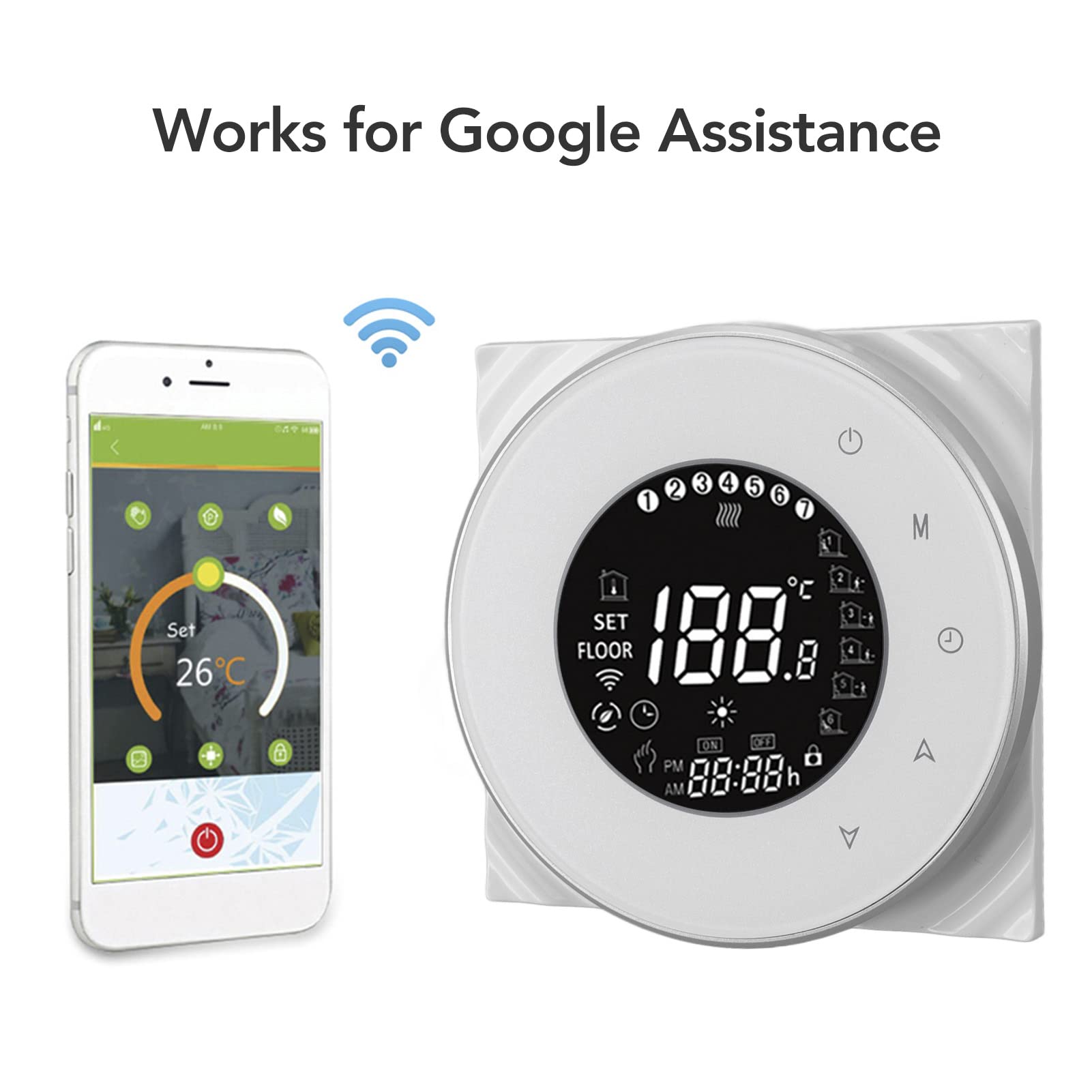 Termostato intelligente Wi-Fi, controllo vocale e design touch screen, per sistemi di riscaldamento elettrico, bianco, cavo sensore incluso