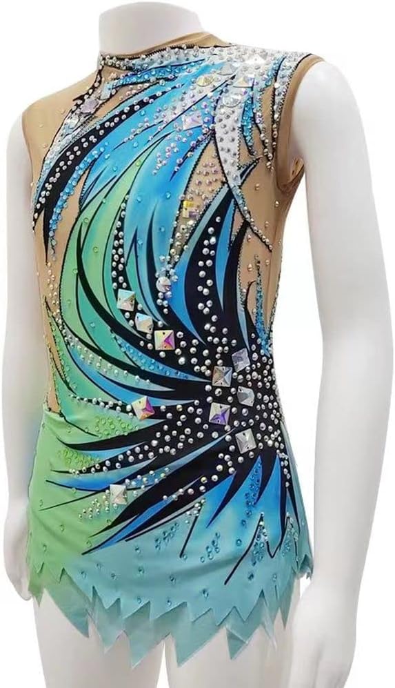 LIUHUO Rhythmic Gymnastics Leotard Green Print Crew Neck Sleeveless Shiny Rhinestones Girls Competition Performance