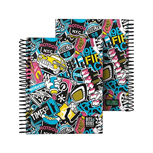 Grafoplas - Cuaderno Tapa Dura A6, 100 Hojas Cuadriculadas 5x5, 70g, Bordes 4 Colores, Colección Diseño Bits&Bobs Pop Up Design New York, Certificado FSC