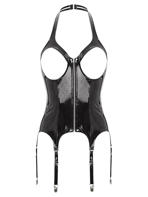 dPois Womens Steampunk Faux Leather Bustier Halter Backless Underbust Corset Top with Garter Belts
