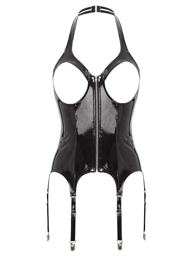 dPois Womens Steampunk Faux Leather Bustier Halter Backless Underbust Corset Top with Garter Belts