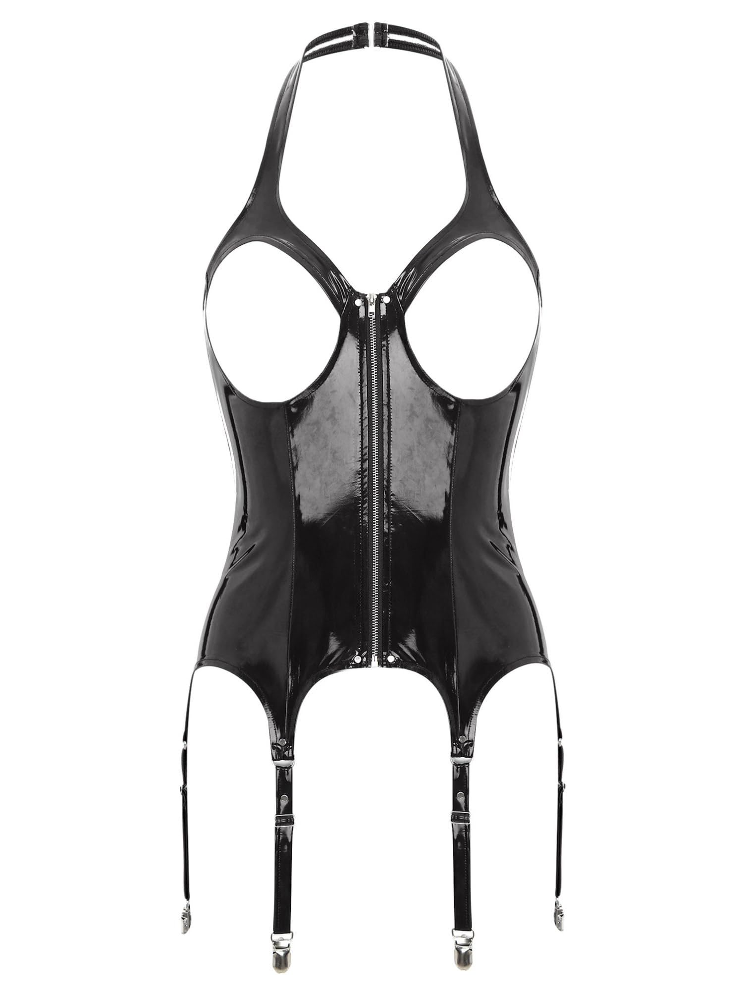 dPois Womens Steampunk Faux Leather Bustier Halter Backless Underbust Corset Top with Garter Belts