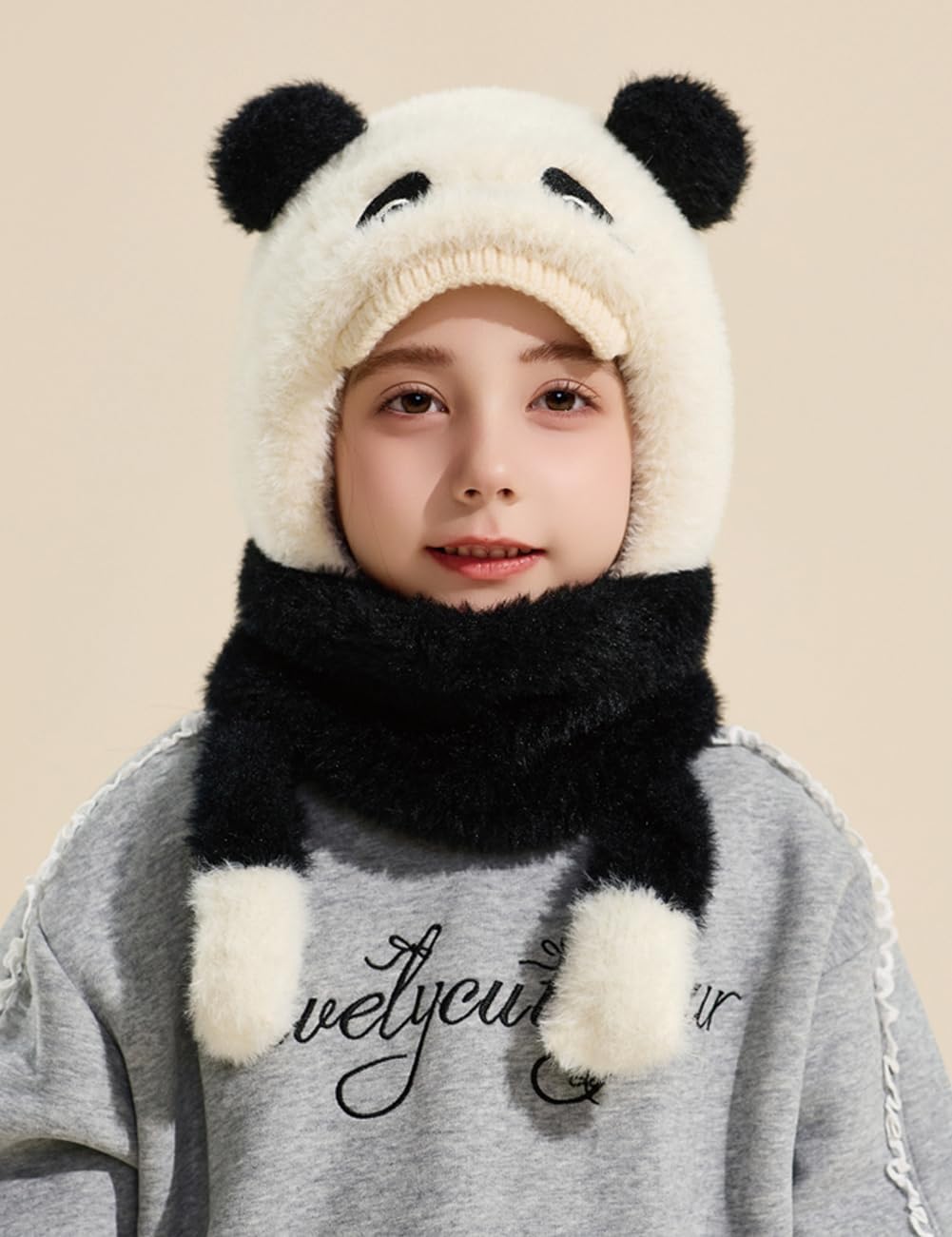 Girls Balaclava Knit Hat Boys Animals Cartoon Hoodie Hats Winter Fuzzy Neck Gaiter with Fleece Lining 2-10 Years