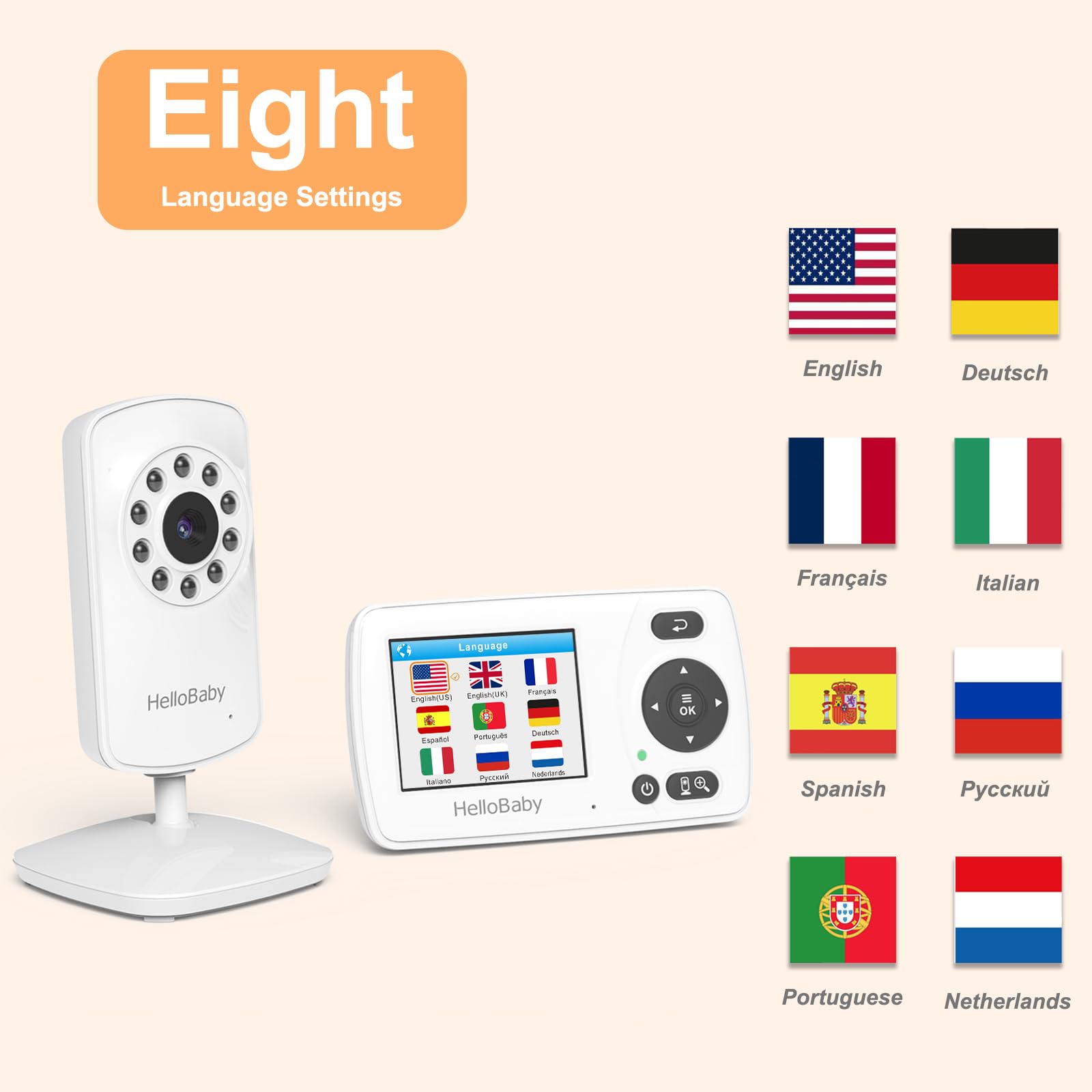 HelloBaby Baby monitor, aggiornamento video baby monitor con fotocamera e visione notturna, 8 lingue, modalità ECO, nessun WiFi per la privacy, zoom 2x, funzione allarme