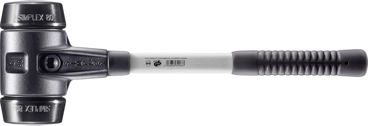 Halder Simplex Soft-Faced Mallet 3702.080 – Medium-Hard Rubber Inserts, Reinforced Cast Iron Housing, Fiber Glass Handle with Non-Slip Rubber Grip, 80mm, 7.5 lbs.