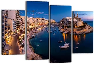 Canvas Wall Art for Bedroom 4 Panels Scenic Evening View Spinola Bay Malta Framed Art Prints Wall Decor for Bathroom Ready to Hang Western Home Decor Office Bar