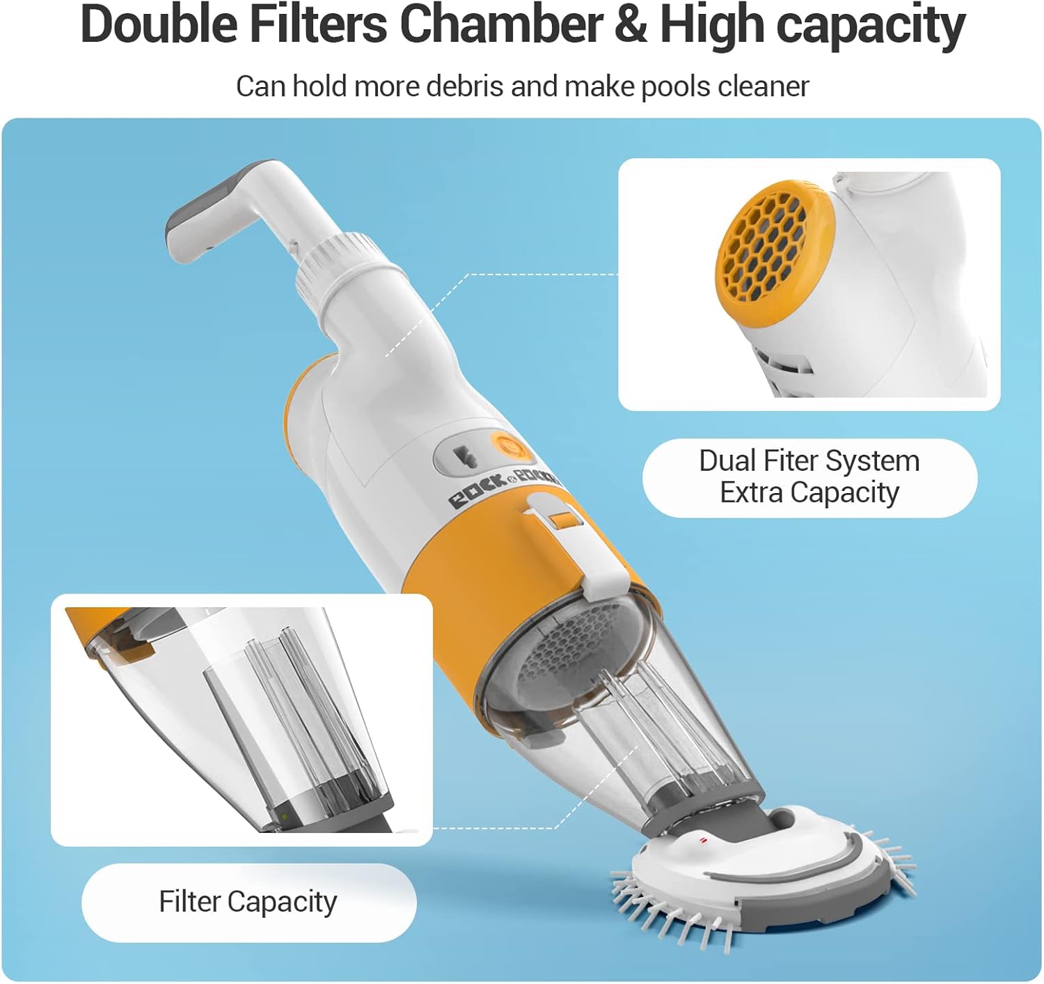 Upgraded Rock&Rocker Cordless Rechargeable Pool Vacuum Cleaner, Handheld Pool Cleaner, with Side Bristles, Double Filters, for Above & In-Ground Pools, Inflatable Pools, Suck Sand, Leaves and Debris